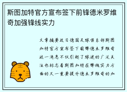 斯图加特官方宣布签下前锋德米罗维奇加强锋线实力